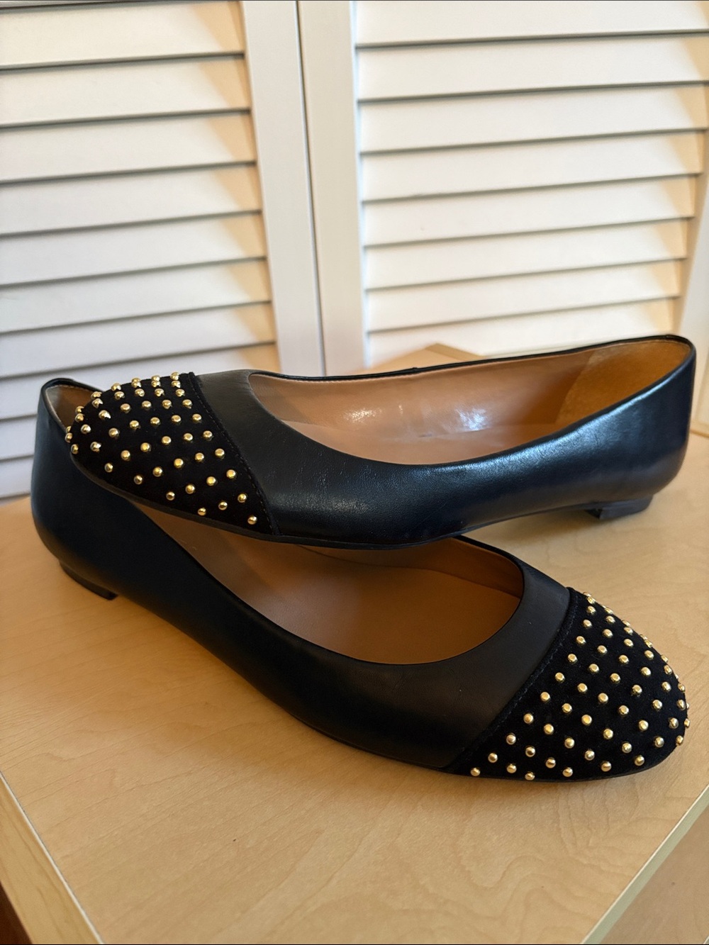 Talbots Black Leather Ballet Flats with Gold Stud Cap